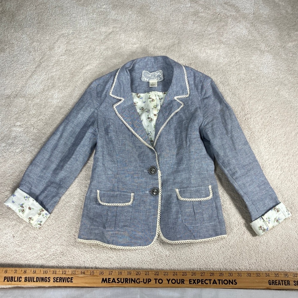 Nick & Mo Blue Striped‎ Linen Blend Lace Trim Floral Lined Blazer Jacket Large